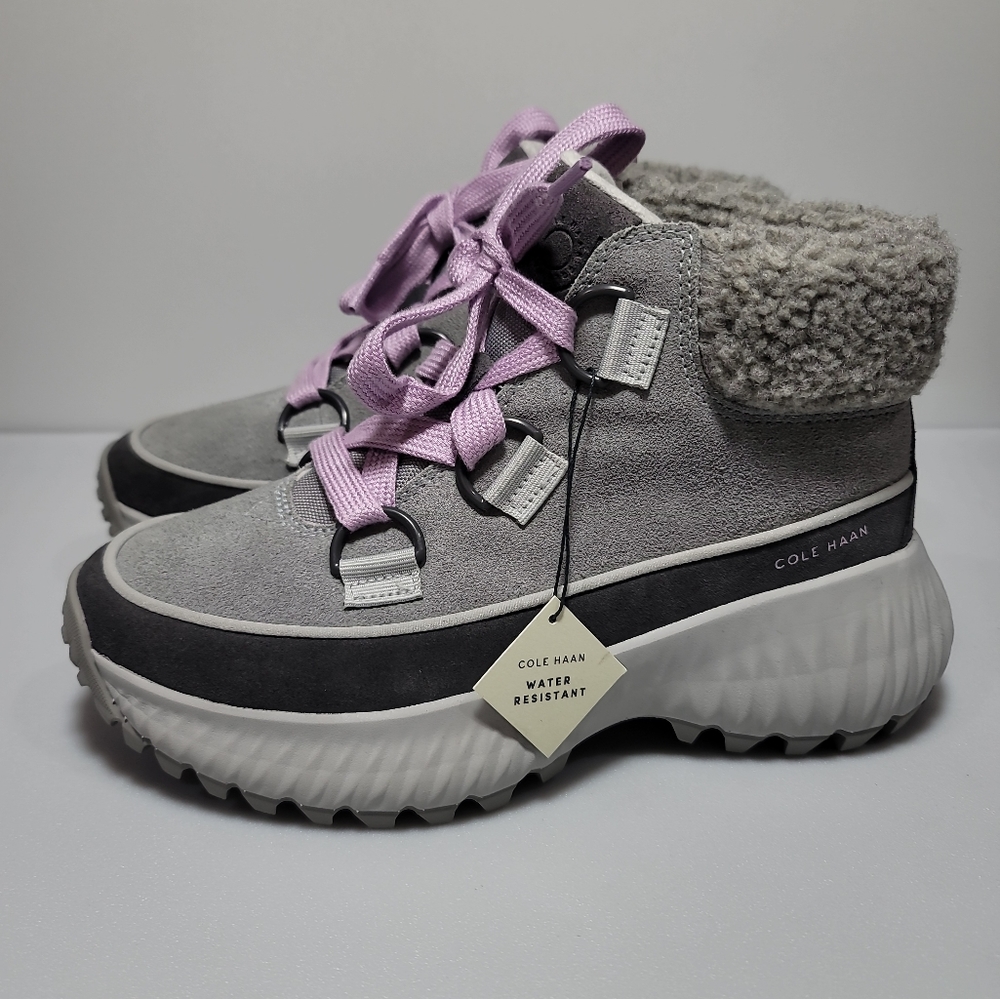 NewCOLE HAAN Gray FauxShearling Zerogrand Flurry Wedge Water resistant Boots 6.5